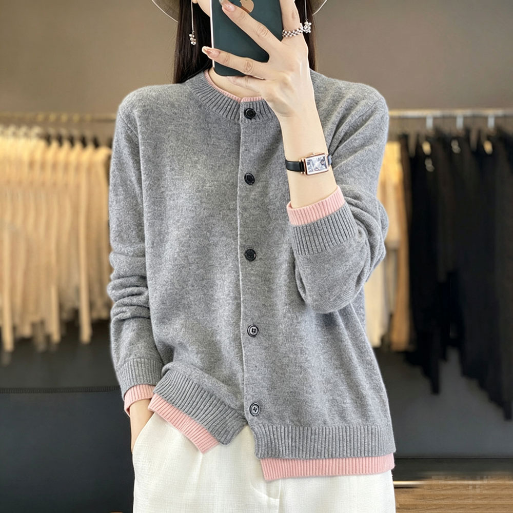 13824634.丹芙娅撞色开衫女2026新款宽松假两件时尚针织毛衣外套