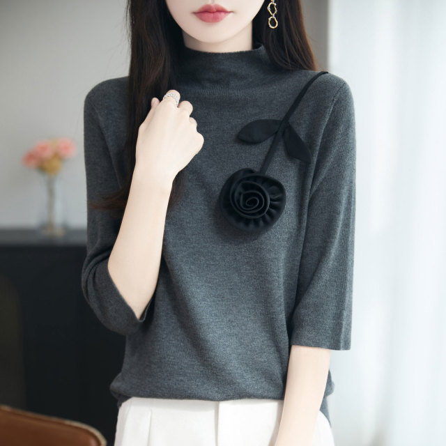 13824643.丹芙娅灰色半高领中袖精仿毛针织女式T恤女26早秋高级感修身内搭五分袖上衣