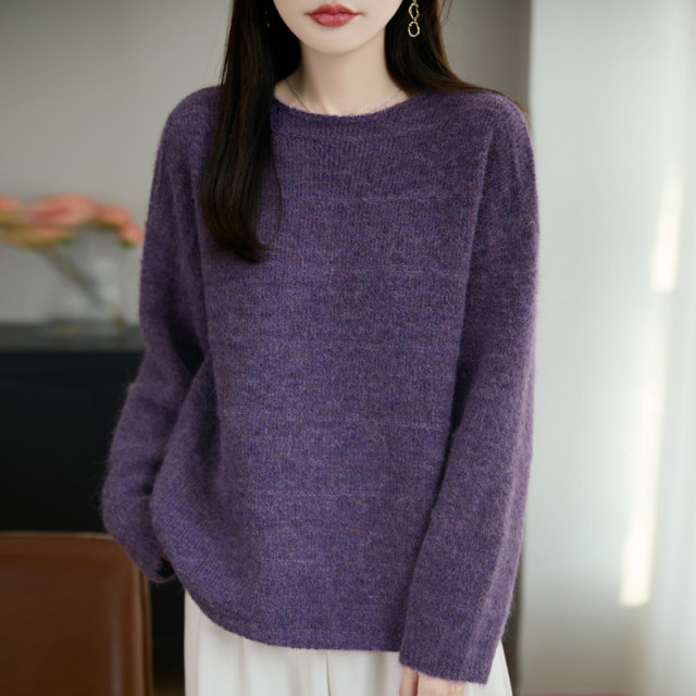 13824635.丹芙娅慵懒风今年流行的新款毛衣打底衫宽松洋气时尚简约圆领针织衫上衣