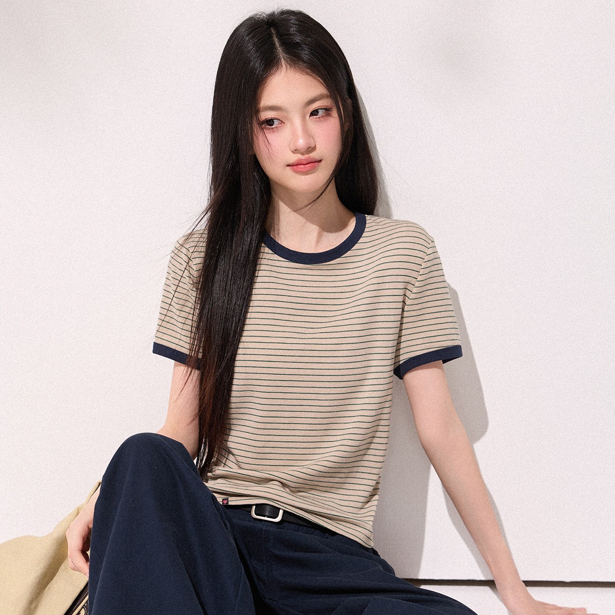 13830394.CHOCOOLATE【含天丝】美式复古条纹短袖t恤撞色女上衣