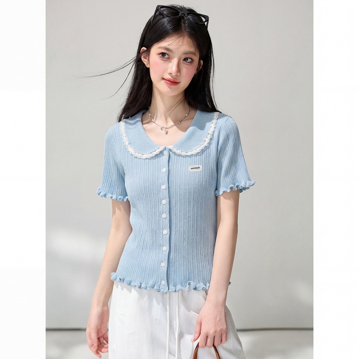 13829876.CHOCOOLATE甜美风娃娃领针织短袖t恤木耳边设计感上衣