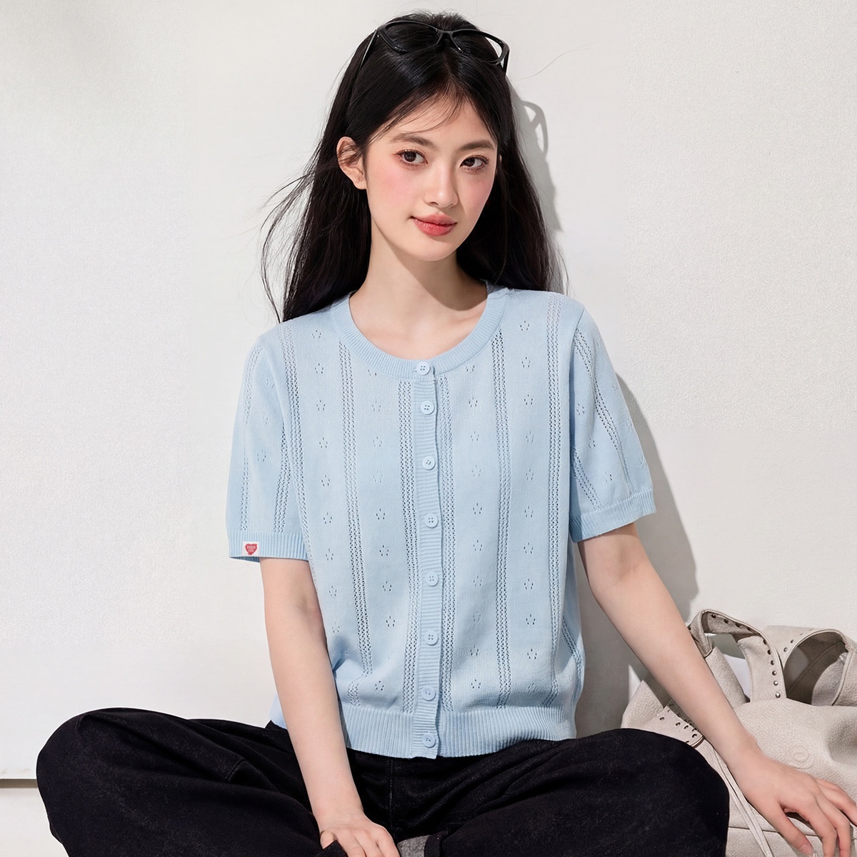 13829889.CHOCOOLATE镂空针织短袖t恤夏季天丝薄款高级感女上衣