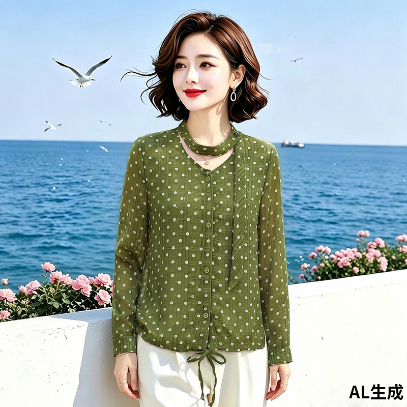 13831084.妈妈装设计感系带领圆点高级感衬衫B8HMZ3668