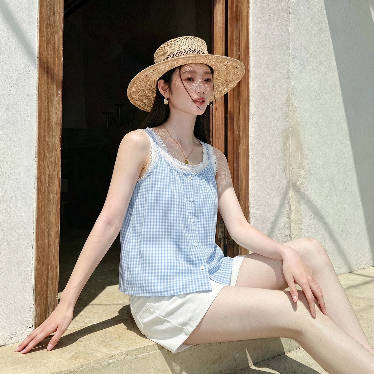 13830008.CHOCOOLATE钩花镂空花边假两件背心衬衫夏季格子衬衣女