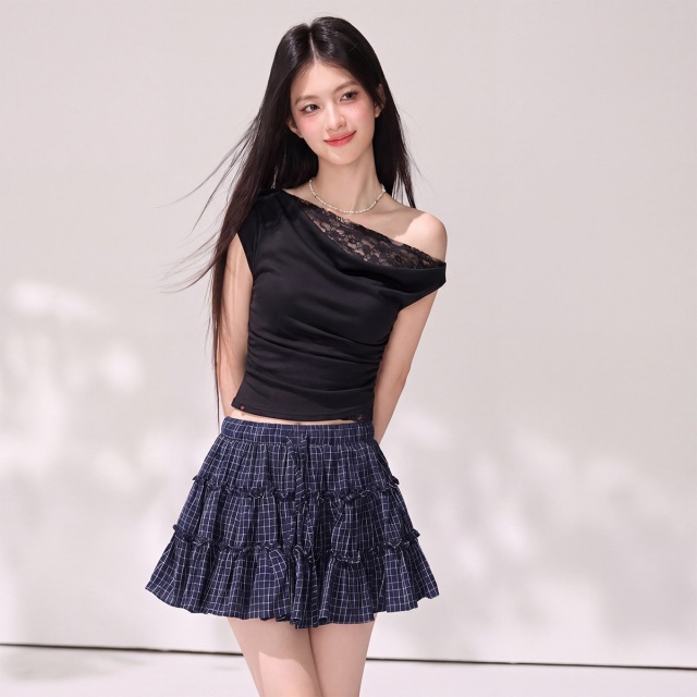 13830375.CHOCOOLATE蕾丝拼接荡领短袖t恤法式甜美少女别致上衣
