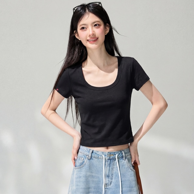 13830378.CHOCOOLATE夏季多巴胺正肩短袖t恤小个子短款百搭上衣