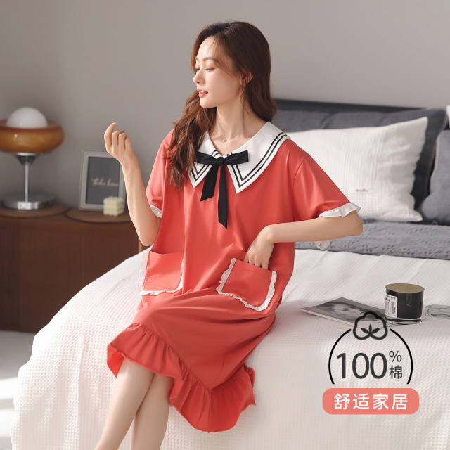 13830449.【纯棉透气 淑女款】蝴蝶结翻领减龄纯棉短袖家居服内衣女士睡裙