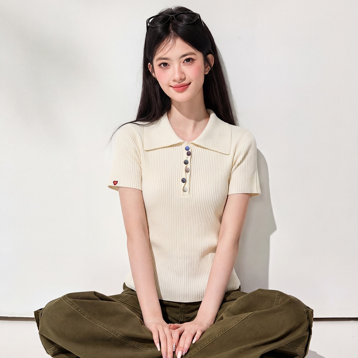 13829878.CHOCOOLATE彩扣装饰翻领针织短袖t恤简约通勤风女上衣