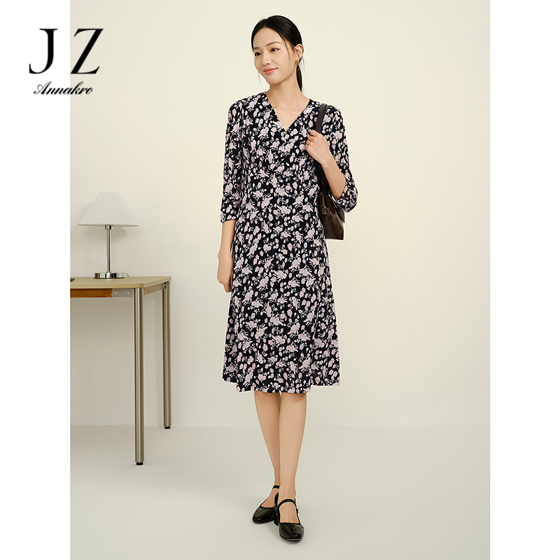 13830306.JUZUI玖姿复古优雅网布印花V领连衣裙女秋季新款JYFQ50002