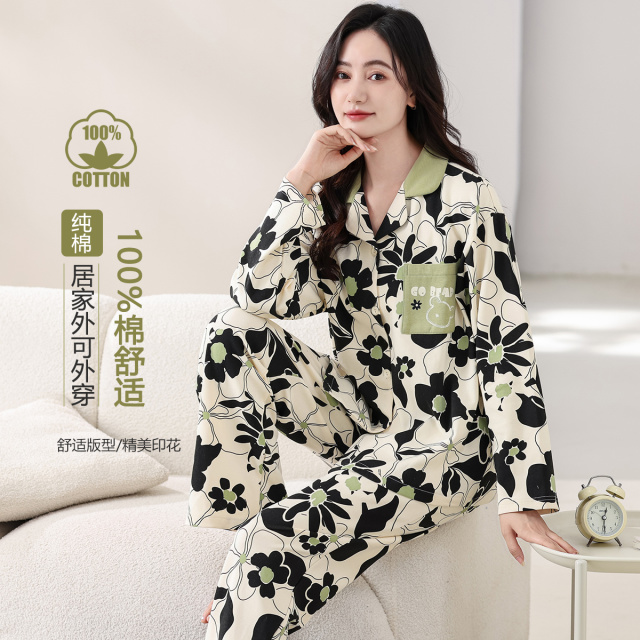13830447.【捡漏】纯棉春秋亲肤舒适高级感印花睡衣女士家居服套装可外穿