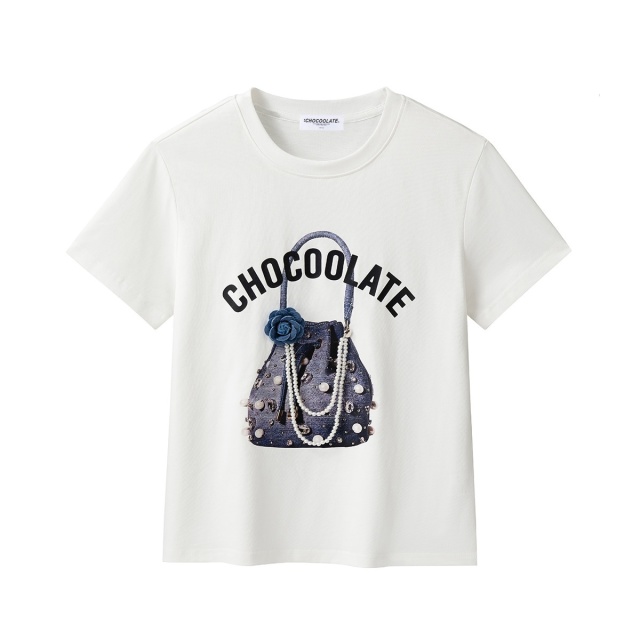 13830377.CHOCOOLATE设计感立体装饰串珠短袖t恤夏季印花女上衣