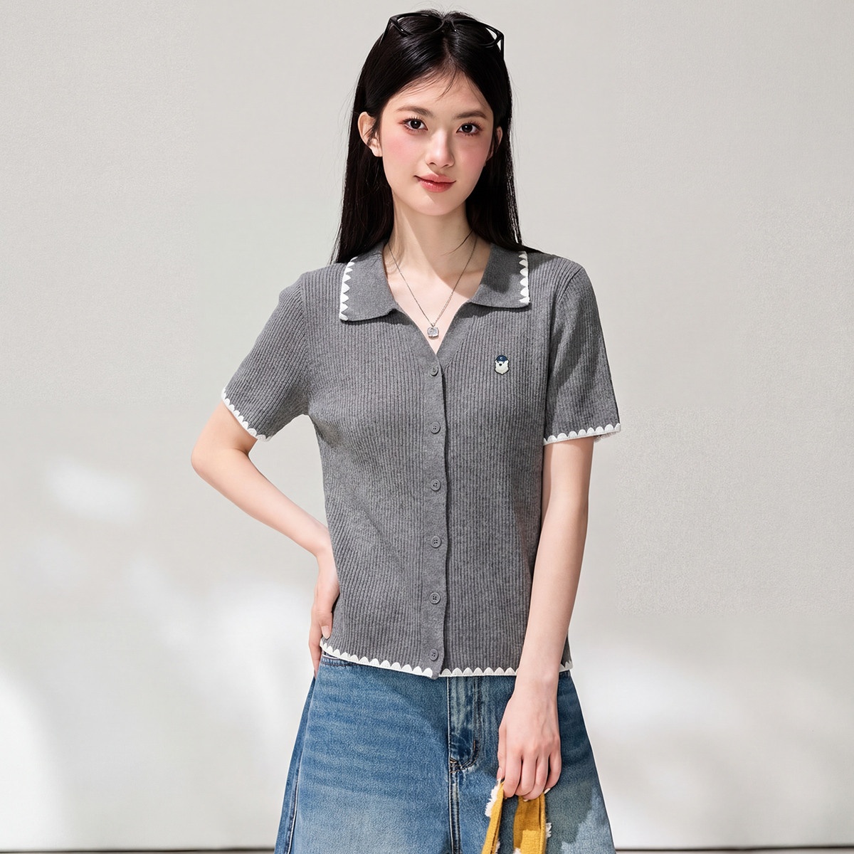 13829873.CHOCOOLATE花边拼接翻领针织短袖t恤夏季学院风女上衣