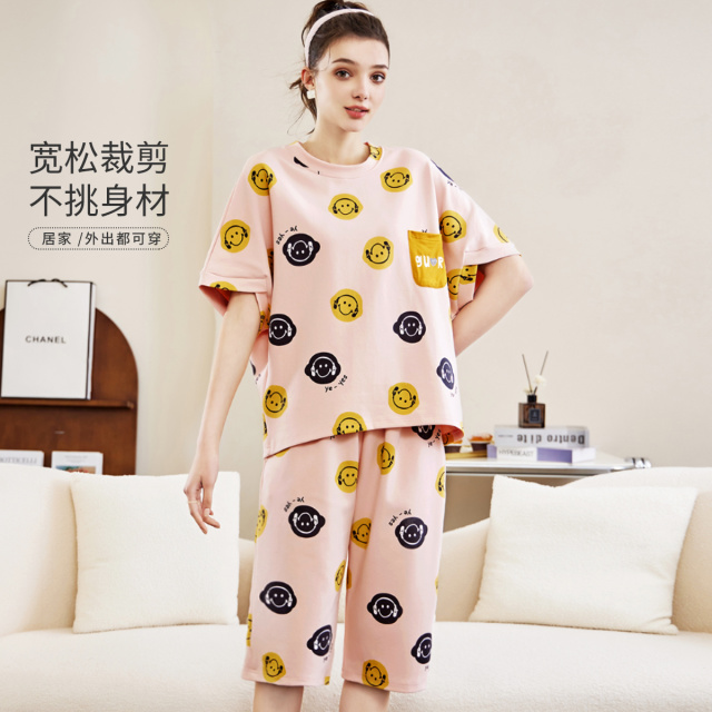 13830441.女士睡衣家居服夏季透气纯棉薄款睡衣套装圆领套头全棉睡衣女休闲