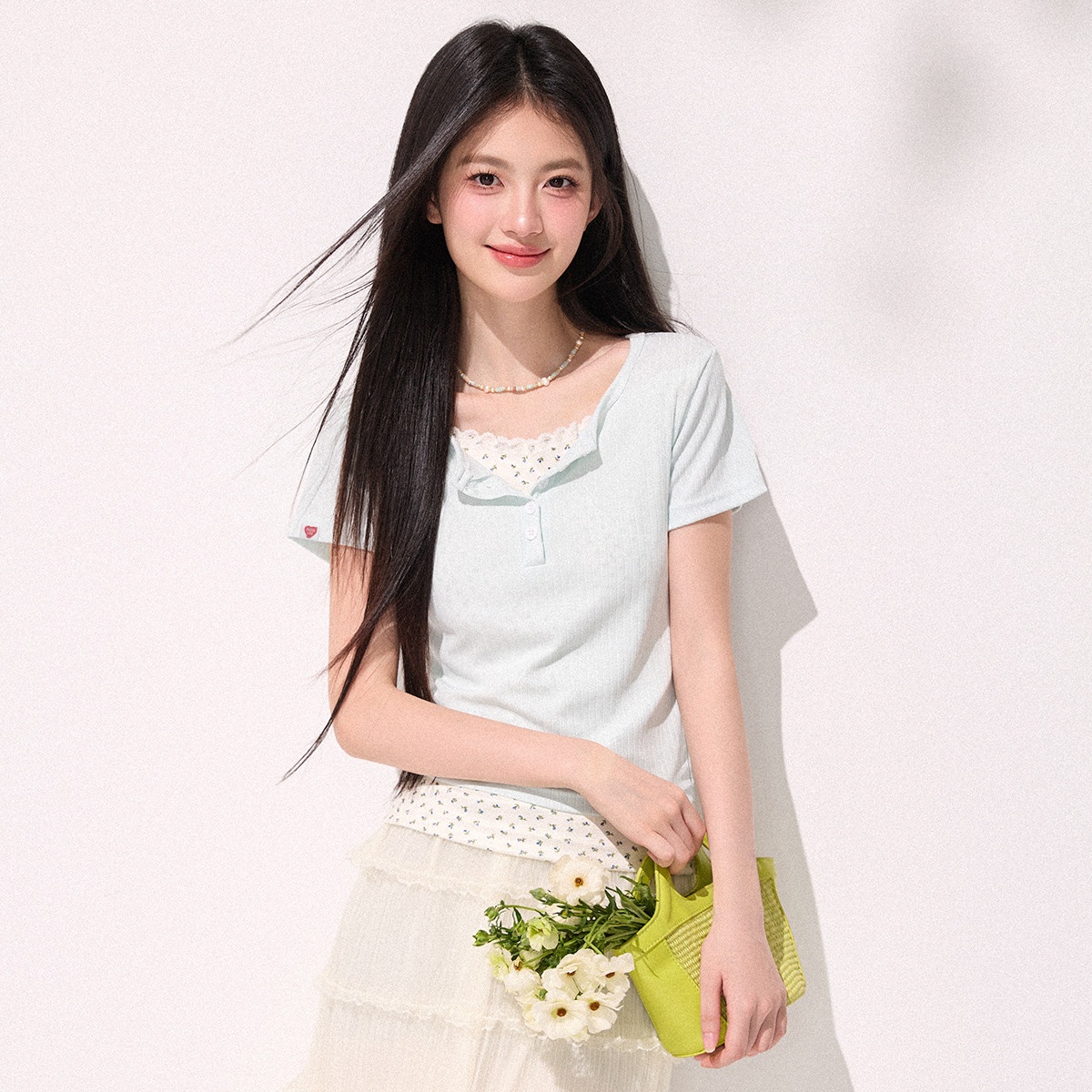 13830379.CHOCOOLATE韩系碎花边假两件坑条短袖T恤温柔风女上衣