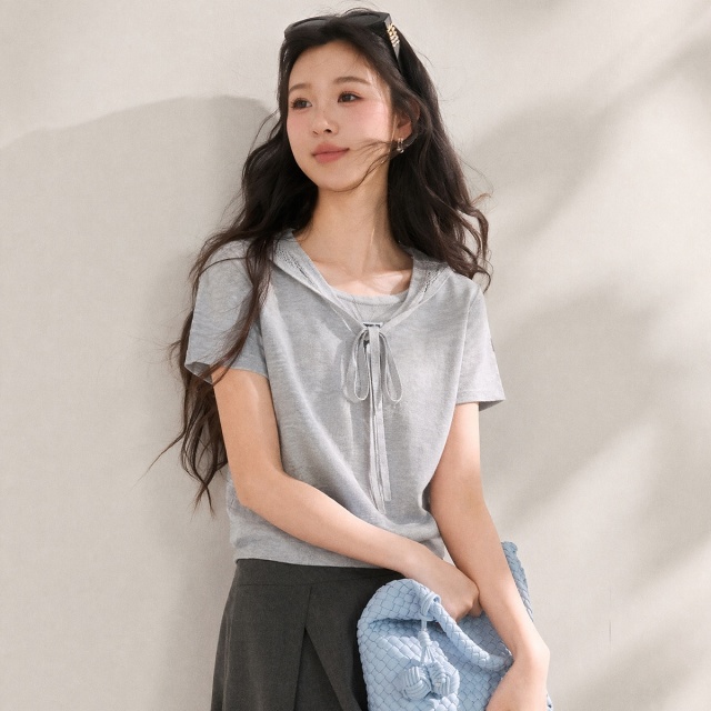 13830009.CHOCOOLATE假两件披肩设计针织短袖t恤甜美减龄女上衣