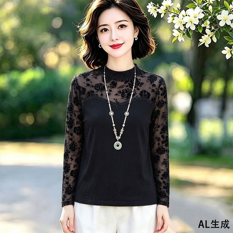 13831145.妈妈装圆领蕾丝拼接打底小衫T恤B8HFY95