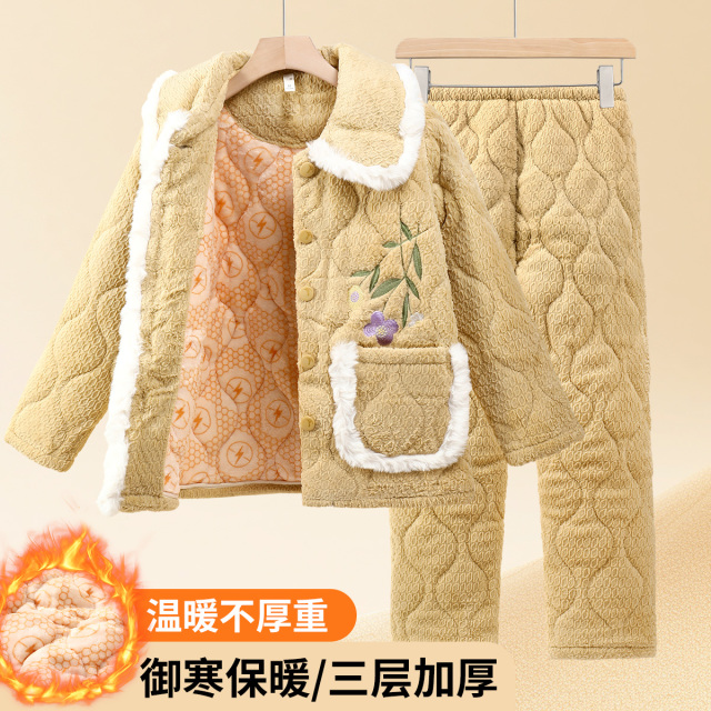 13830436.捡漏【加绒加厚双面暖绒】女士家居服套装翻领刺绣带口袋居家外穿