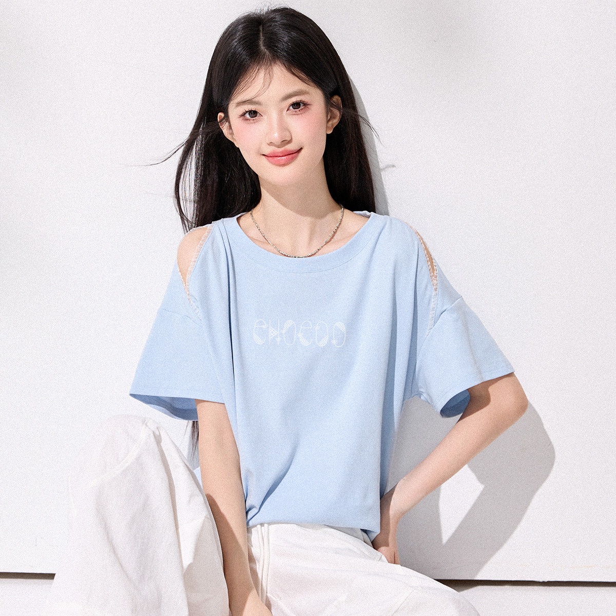 13830393.CHOCOOLATE蕾丝花边镂空发设计感短袖t恤夏季别致上衣