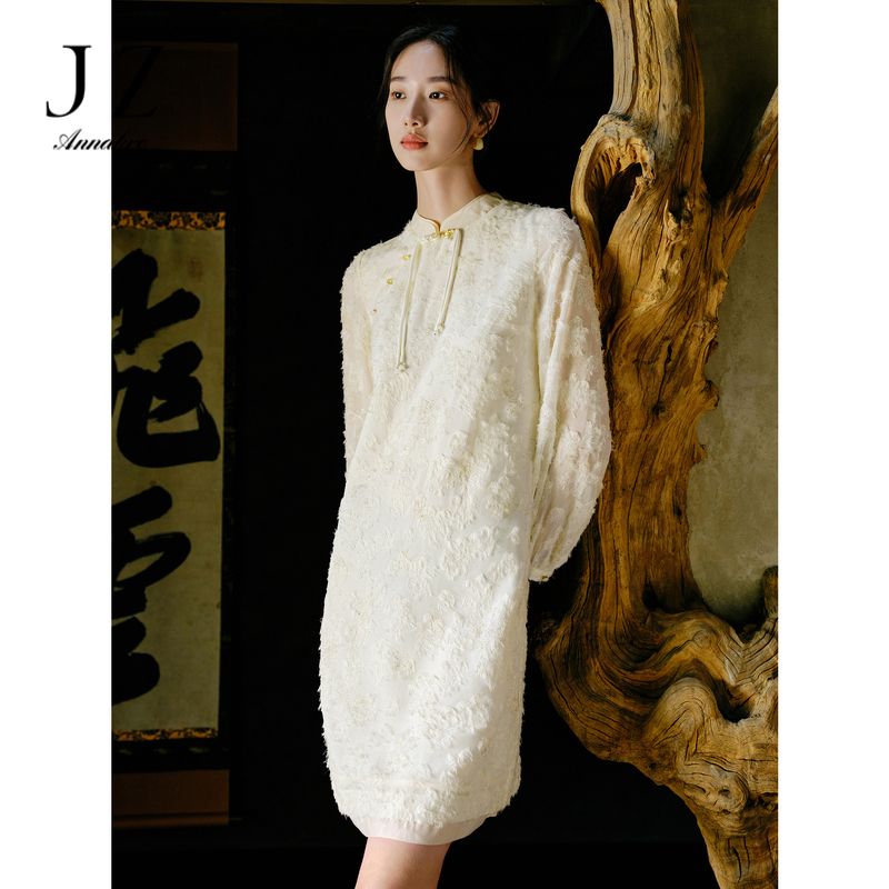 13831590.玖姿安娜蔻优雅新中式氛围感烫金拉毛连衣裙女春季新款