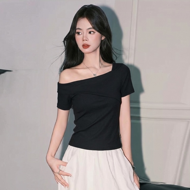 13830402.CHOCOOLATE小众设计露肩短袖t恤夏季气质别致女式上衣