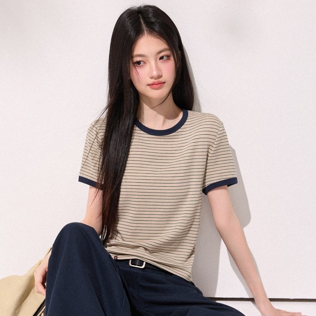13830394.CHOCOOLATE【含天丝】美式复古条纹短袖t恤撞色女上衣