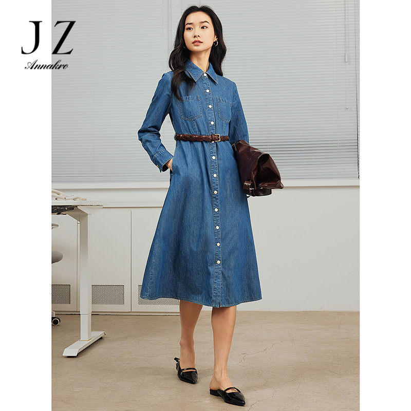 13830414.JZ玖姿商场同款经典摩登复古纯棉牛仔衬衫连衣裙女春季新款
