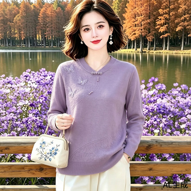 13831141.妈妈装中式绣花针织打底毛衣B8HYD6185