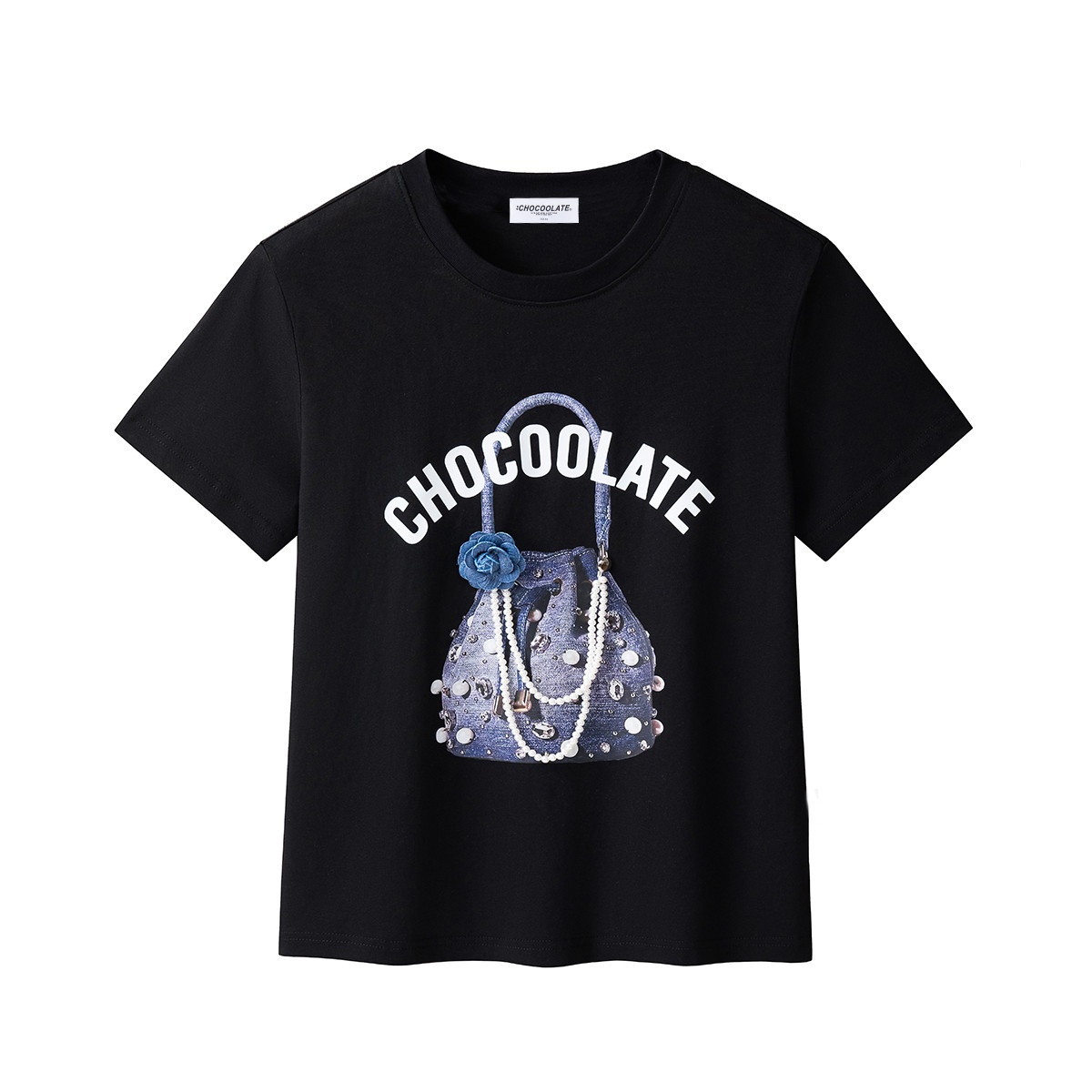 13830377.CHOCOOLATE设计感立体装饰串珠短袖t恤夏季印花女上衣