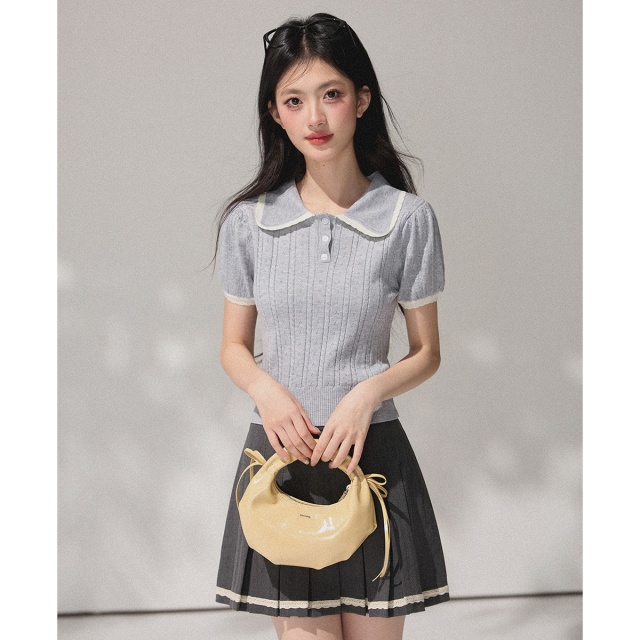 13829898.CHOCOOLATE娃娃领镂空短袖针织衫夏季甜美减龄女式上衣