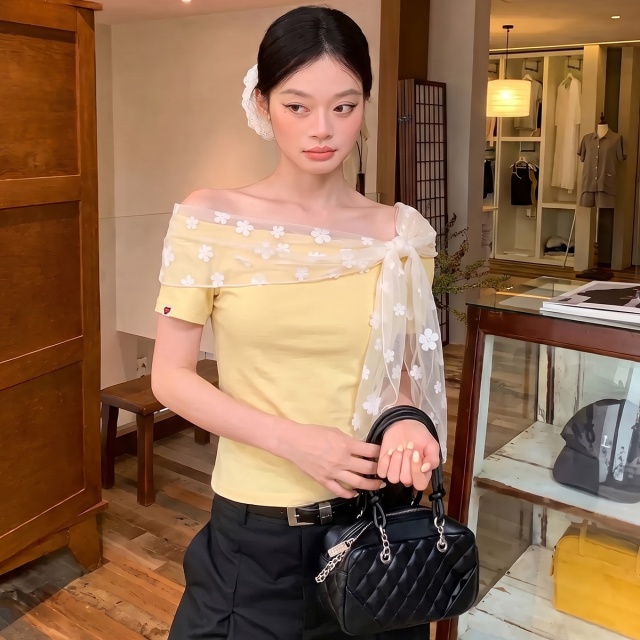 13830395.CHOCOOLATE温柔法式甜美蕾丝飘带一字肩短袖t恤女上衣