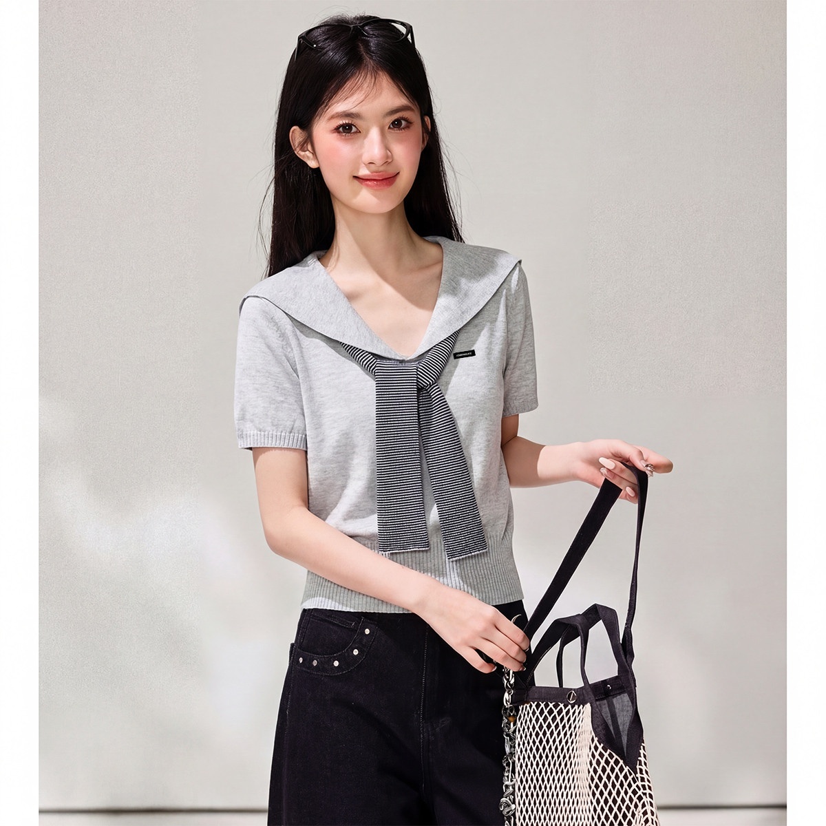 13829899.CHOCOOLATE海军领针织短袖t恤夏季减龄学院风女式上衣