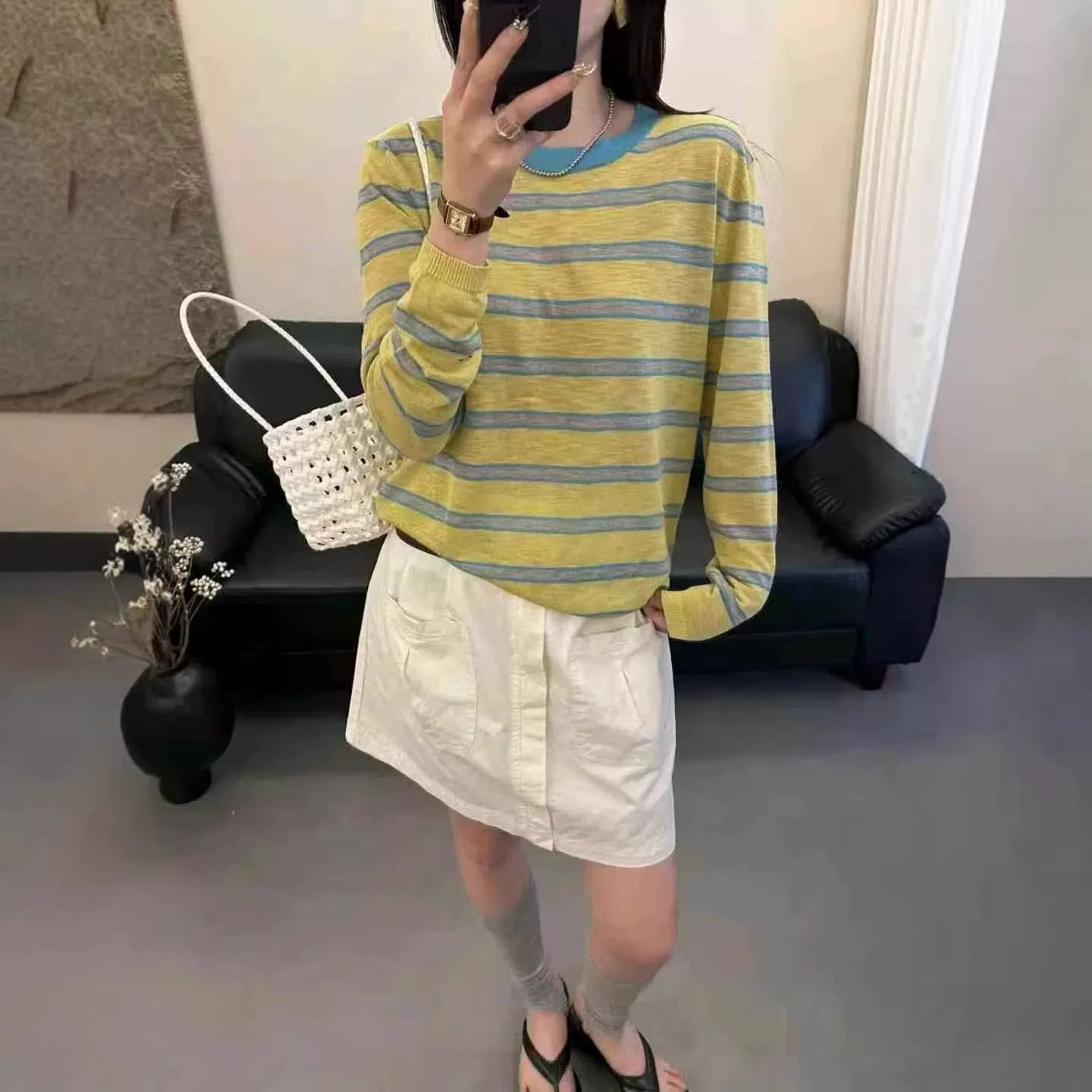 13830885.丹芙娅秋季穿搭女士薄款毛衣条纹针织衫女2026新款针织打底衫宽松上衣