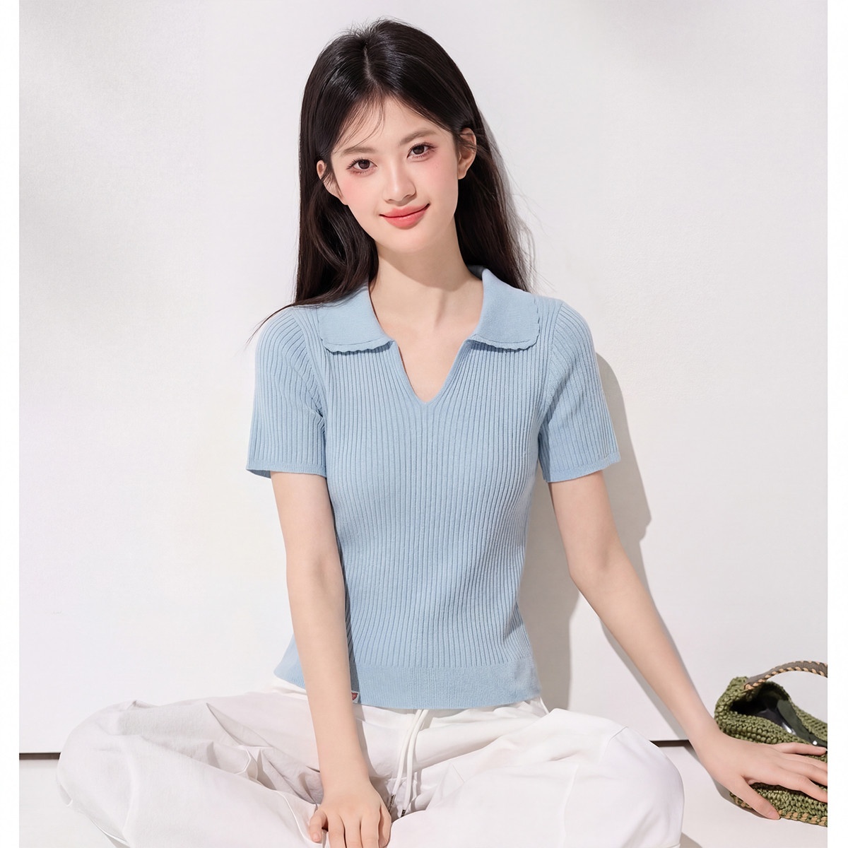 13829896.CHOCOOLATE极简风翻领短袖针织衫夏季韩系小清新女上衣