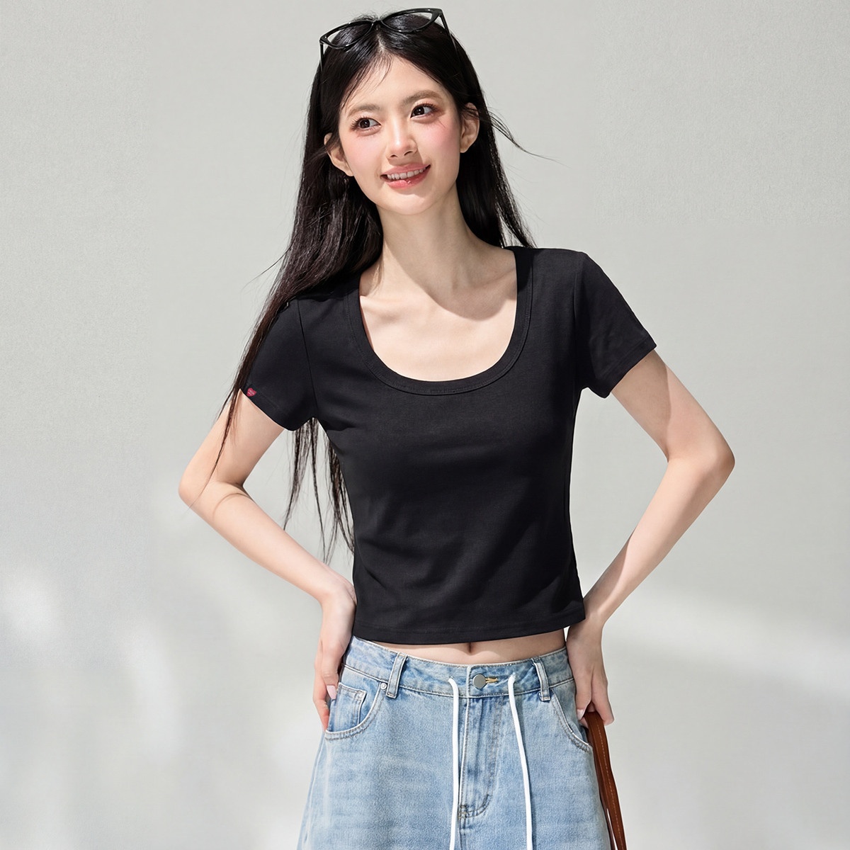 13830378.CHOCOOLATE夏季多巴胺正肩短袖t恤小个子短款百搭上衣