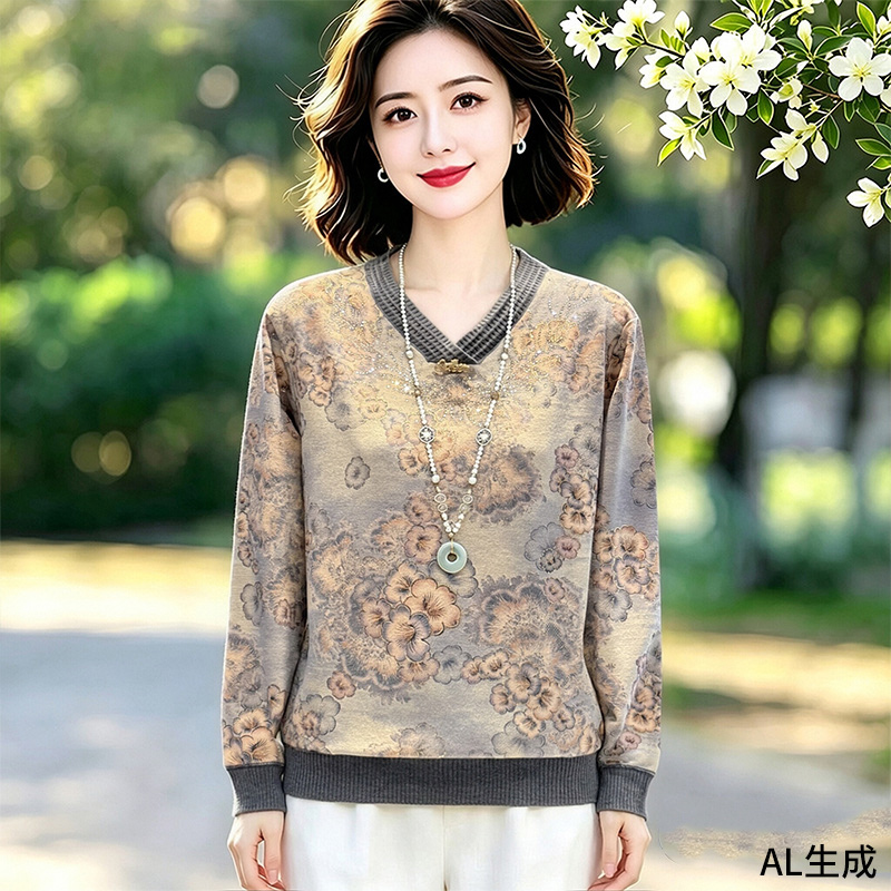 13831136.妈妈装设计感V领花色长袖打底T恤B8HYD6183