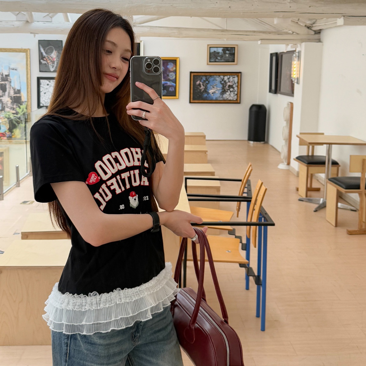 13830396.CHOCOOLATE蕾丝花边下摆短袖t恤夏季甜美减龄印花上衣