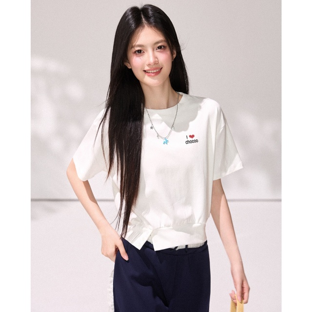 13830403.CHOCOOLATE设计感下摆简约百搭短袖t恤夏季小众女上衣