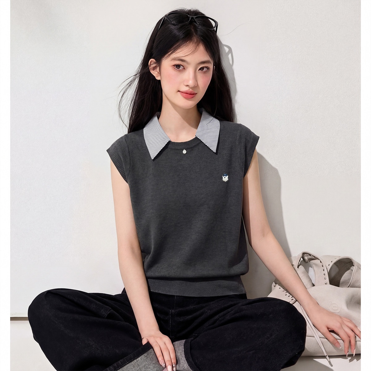 13829897.CHOCOOLATE小众设计翻领拼接短袖针织衫夏季休闲风上衣