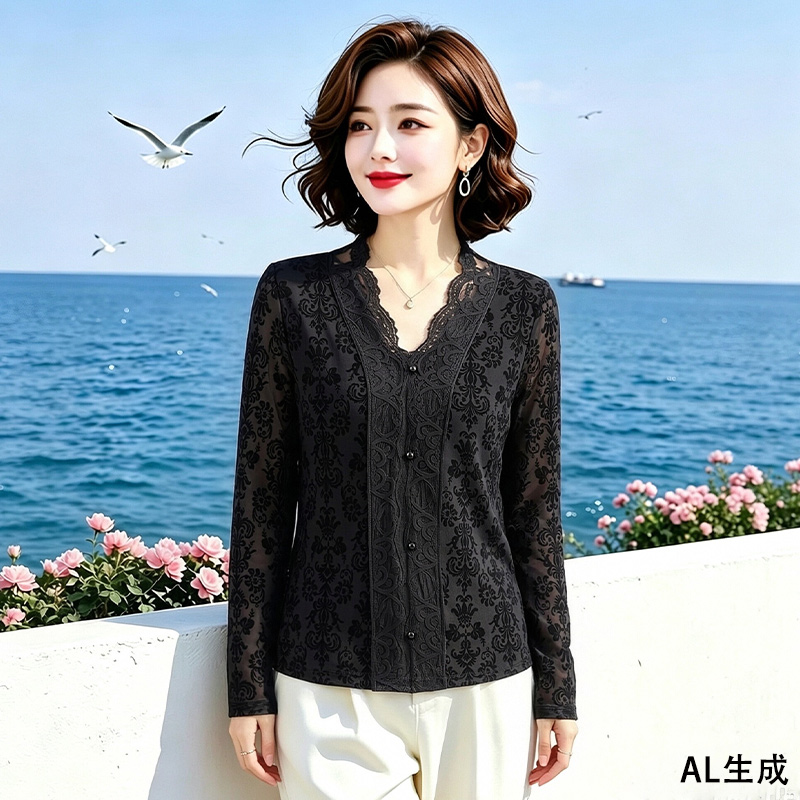 13831146.妈妈装v领蕾丝拼接打底小衫T恤B8HFY97