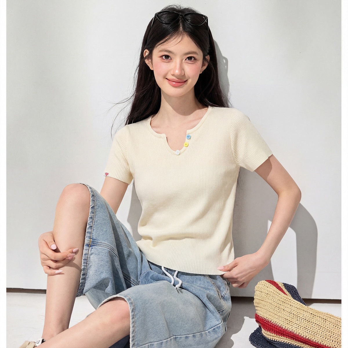 13829915.CHOCOOLATE韩系小众设计彩扣短袖针织衫夏季简约女上衣