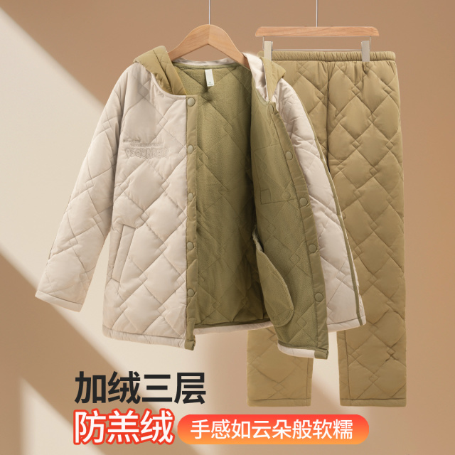 13830438.【加绒三层御寒】女士连帽家居服套装仿羔绒里层防风居家外穿