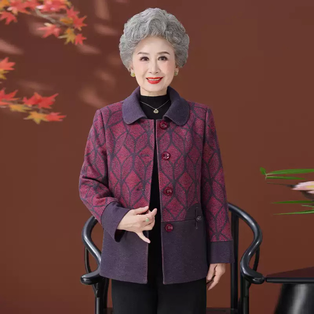 13833109.妈妈装翻领拼接撞色时尚呢子外套J9DY32099