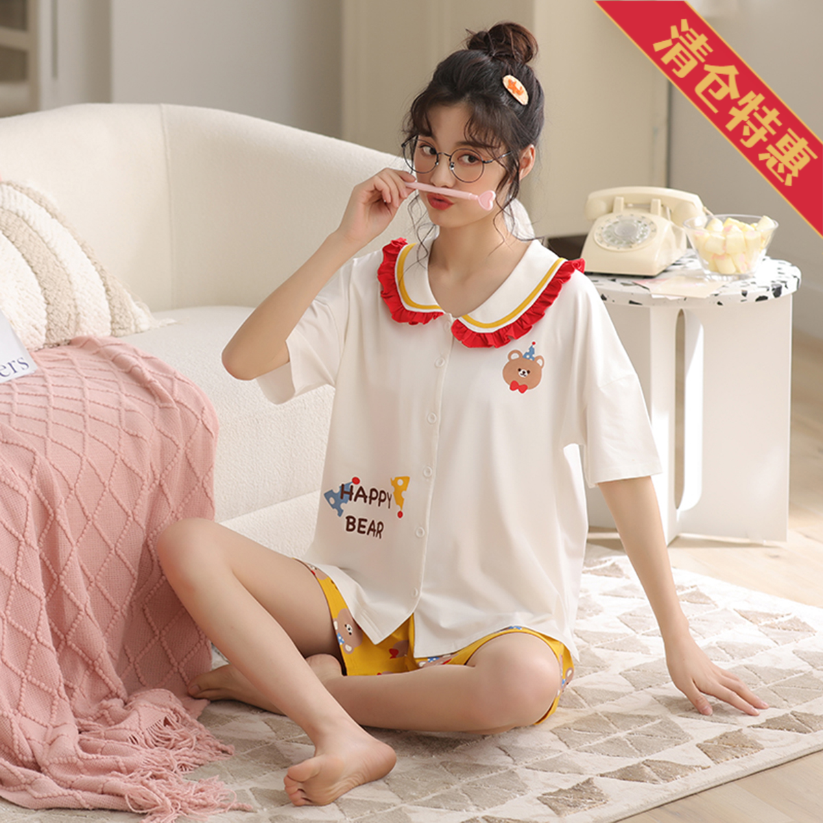 13830428.【清新】古今爱她睡衣女透气舒适纯棉短袖套装居家服女可外穿睡衣