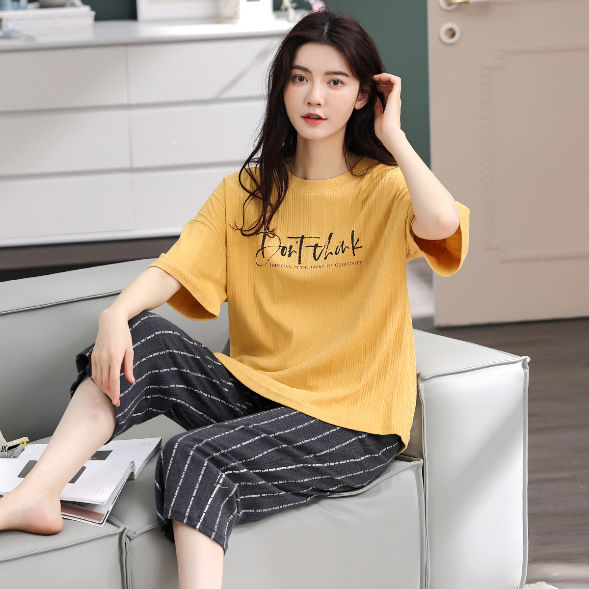 13836586.【100%棉】春秋纯棉简约竖条纹透气裤子两件套睡衣女家居服