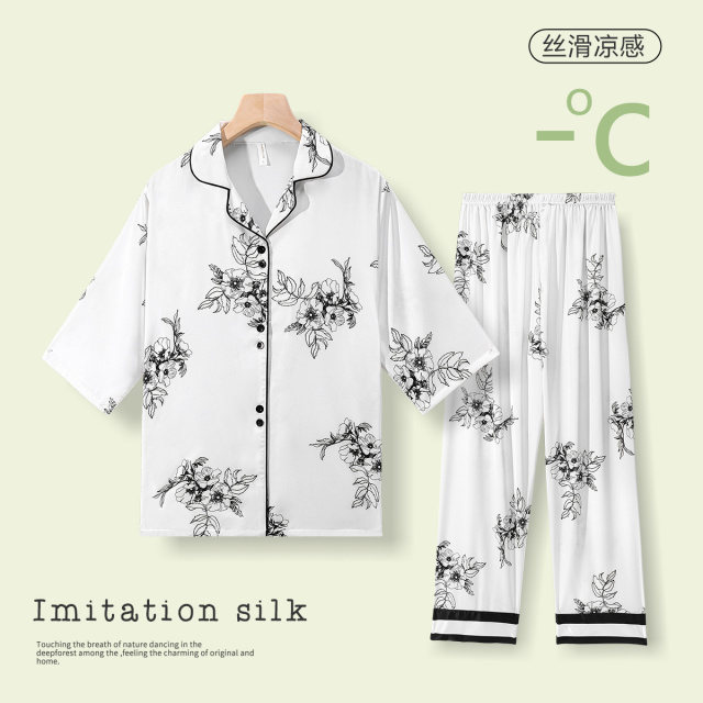 13836601.休闲睡衣女薄款开衫丝滑仿丝绸短袖睡衣情侣家居服套装女
