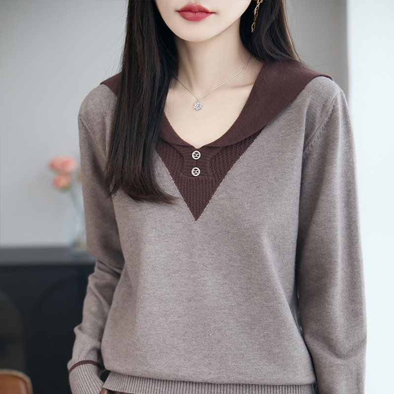 13836880.丹芙娅高级感针织衫女2026秋冬新款宽松气质百搭假两件撞色翻领长袖毛衣
