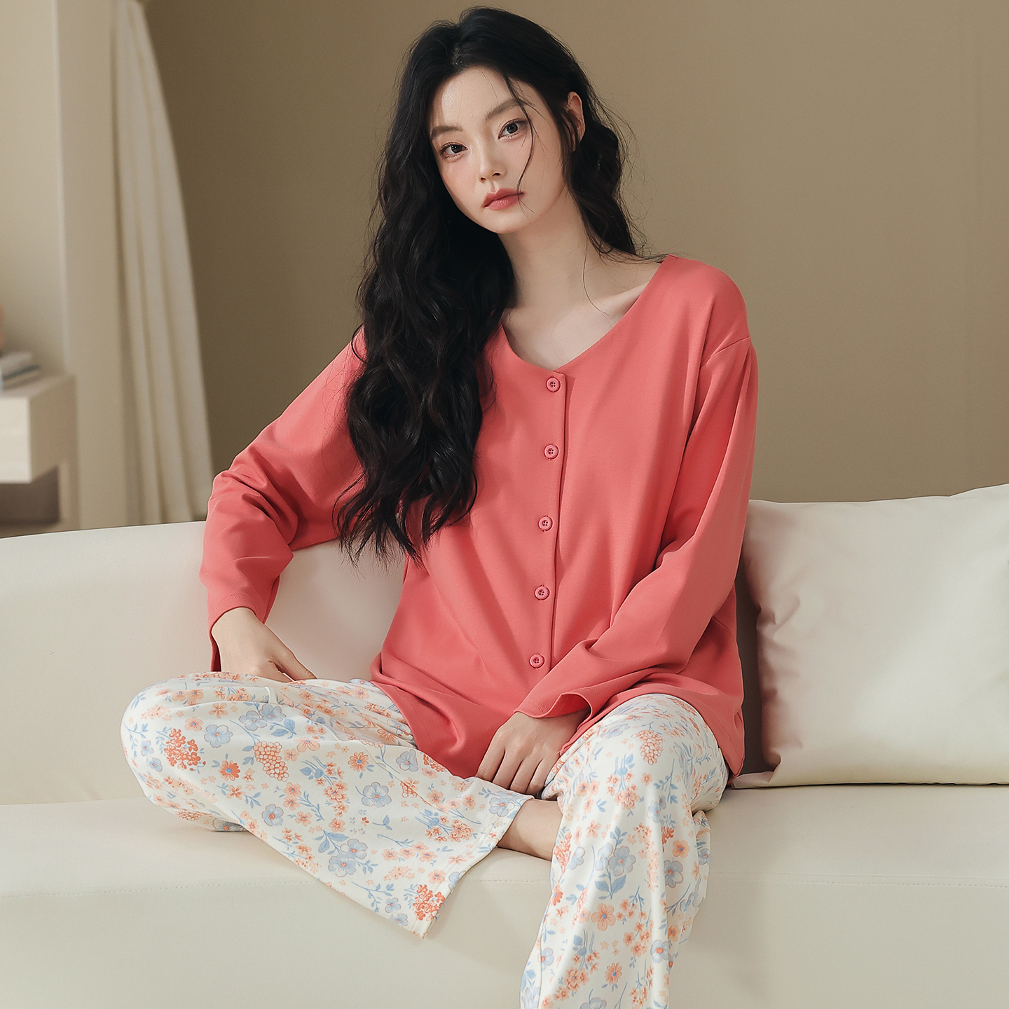 13836905.猫人纯棉长袖睡衣女士春秋季新款秋冬开衫甜美外穿家居服套装