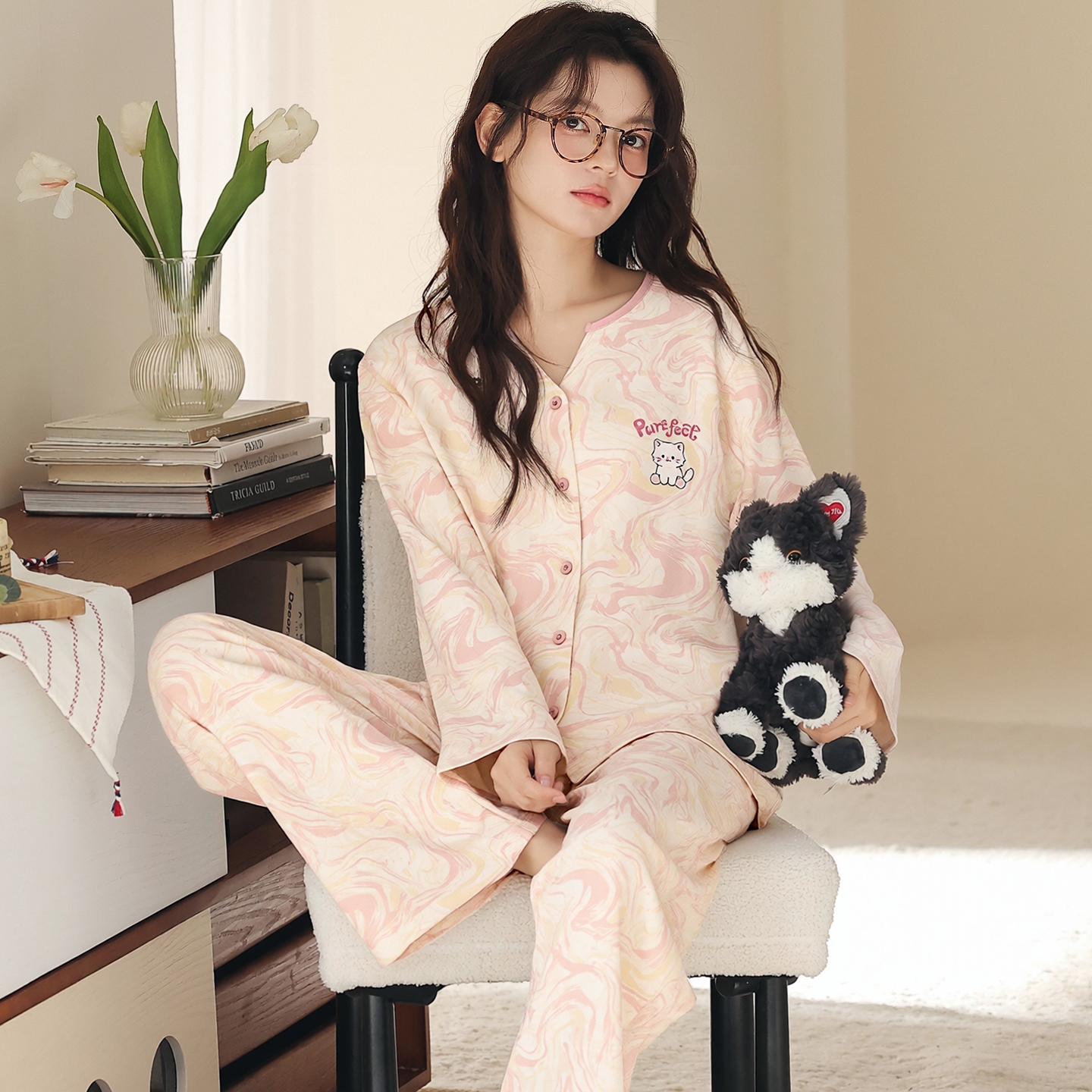 13836899.猫人100%纯棉睡衣女秋春季新款长袖翻领卡通家居服套装可外穿
