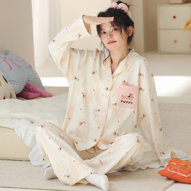 13836936.猫人100%纯棉睡衣女款新款春秋季长袖开衫甜美漂亮家居服套装