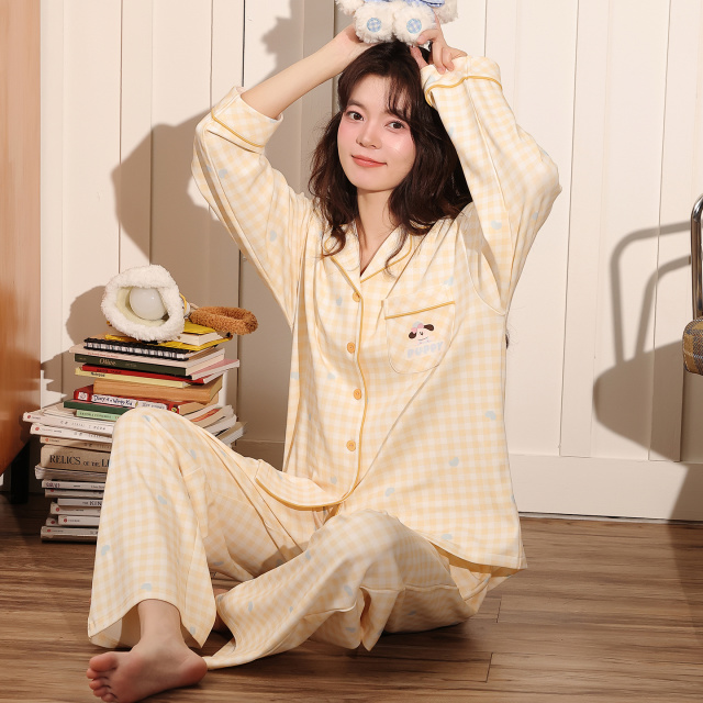 13836928.猫人纯棉睡衣女春秋季新款开衫长袖卡通甜美可外穿家居服套装